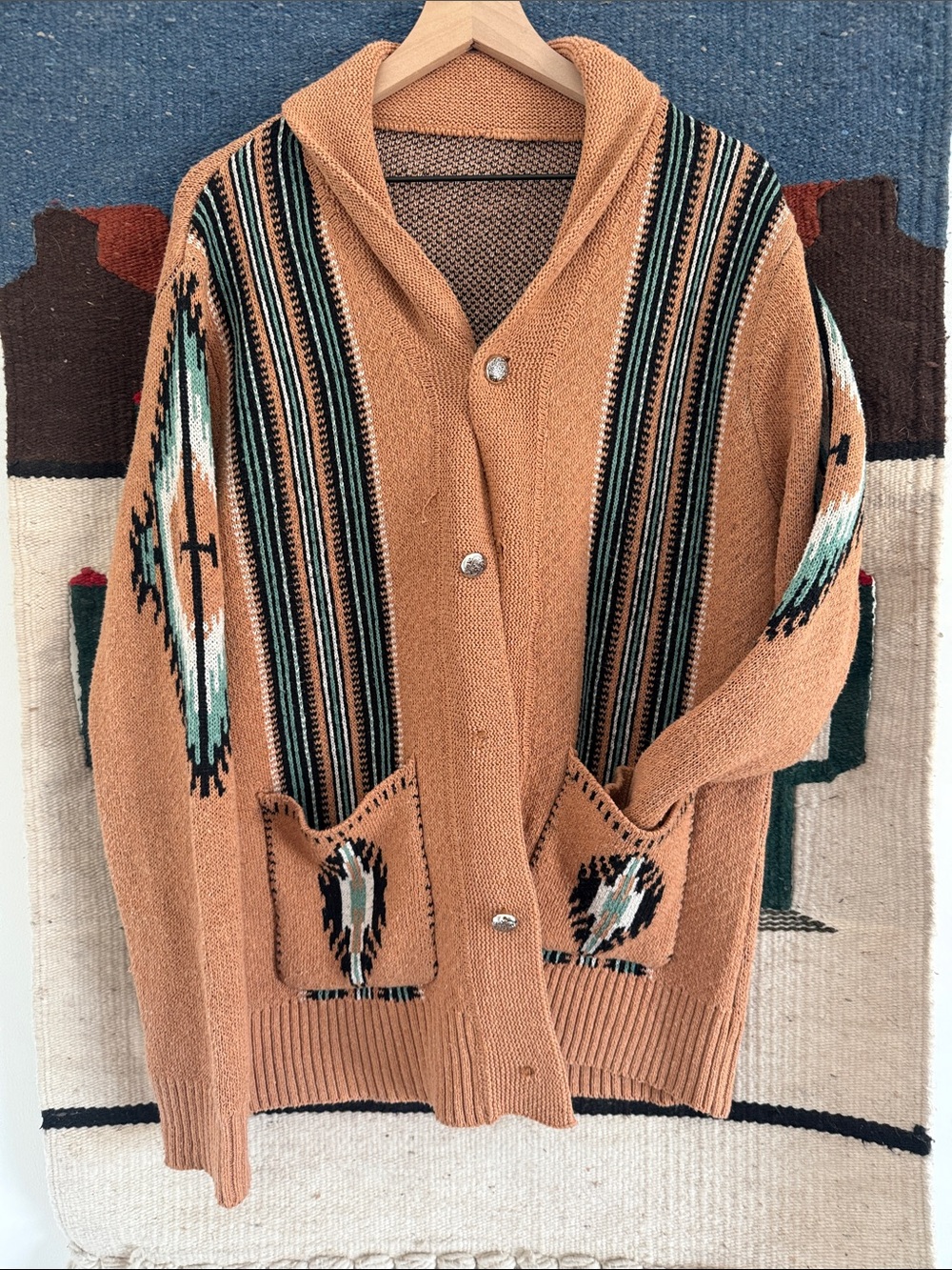 Shawl Collar Rust Aztec-Pattern Cardigan Sweater